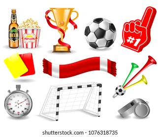 Set Collection for Design, Yellow and Red Card, Popcorn, Cup, Beer Bottle, Stopwatch, Whistle, Trumpet Football Fan, Foam Hand, Goal with Net, Soccer Concept, Hand Drawn Vector 3D Illustration