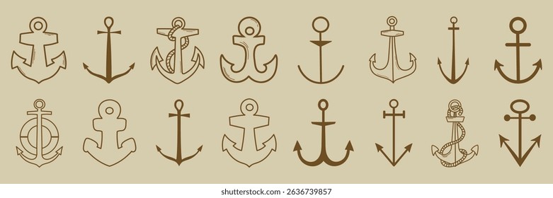 Set collection of different anchors in retro style line art icon clipart logotype isolated illustration