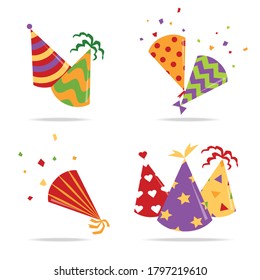 Set and collection of different cones of holiday paper party caps and hats. Accessory for decorating birthday and anniversary, new year, carnival. Isolated cartoon vector illustration of party caps