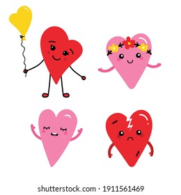 Set, collection of different cute and cartoon heart characters for Valentines Day design, love and friendship. 

