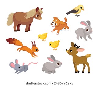 Set collection of different forest wild cartoon creatures animals. Zoo, wood or forest inhabitants, residents. Woodland animals, beast images flat isolated vector illustration.