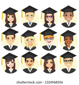 Set collection of different graduation student face avatar with graduate cap