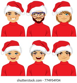 Set collection of different men avatar faces wearing Santa Claus hat