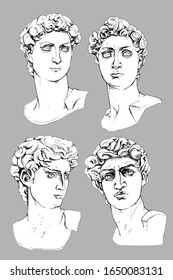 Set collection. Different plaster heads statue. Hand drawn style print. Vector illustration.