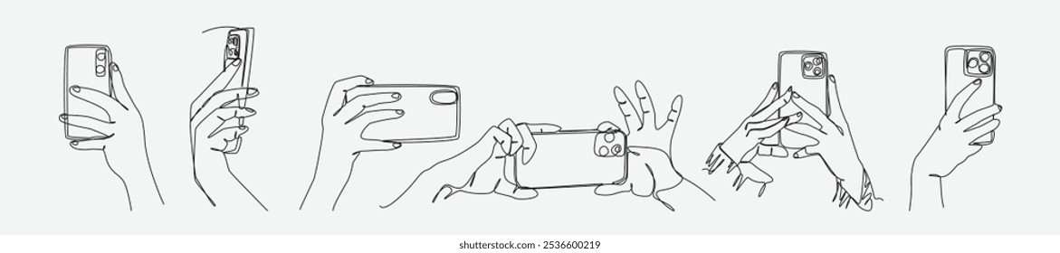 Set collection of different poses of hands holding smartphone in continuous one line drawing style. Editable line. Vector illustration.