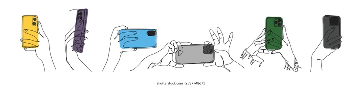 Set collection of different poses of hands holding smartphones in continuous one line drawing style. Editable line and colored. Vector illustration.
