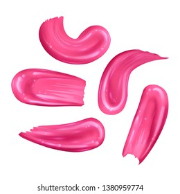Set of collection of different strokes of fluid lipsticks of Bright pink color isolated on white. Collection of Smears lipstick, elements of the design of advertising posters or leaflets.