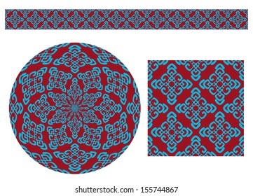 Set collection of different using same most popular seamless texture. Round pattern, square pattern and borders  in blue and dark red colors , isolated on white background. Vector illustration.