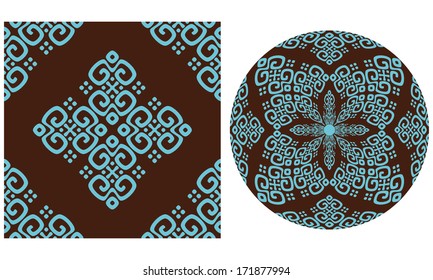 Set collection of different using same most popular seamless texture. Round pattern, square pattern in brown and blue colors , isolated on white background. Vector illustration.  