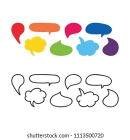 Set, collection of different vector speech bubbles, colorful in cartoon style and outline, black and white.