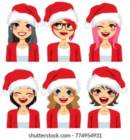 Set collection of different women avatar faces wearing Santa Claus hat