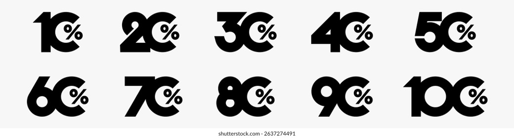 set of collection of discount numbers black color, Sale icons or tags with 10, 20, 30, 40, 50, 60, 70, 80, 90 percent discount. Vector illustration.