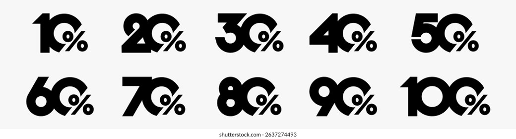 set of collection of discount numbers black color, Sale icons or tags with 10, 20, 30, 40, 50, 60, 70, 80, 90 percent discount. Vector illustration.