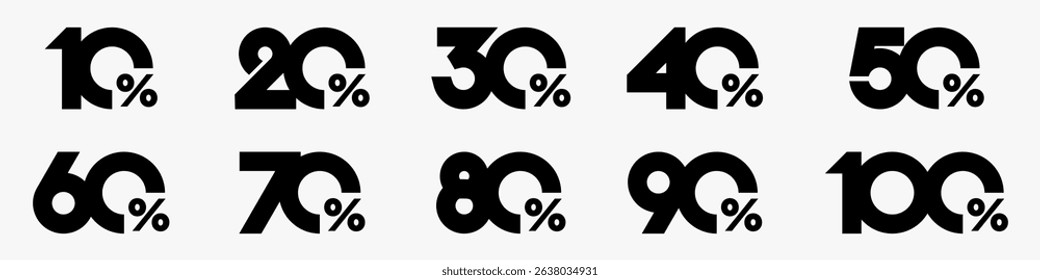set of collection of discount numbers black color, Sale icons or tags with 10, 20, 30, 40, 50, 60, 70, 80, 90 percent discount. Vector illustration.