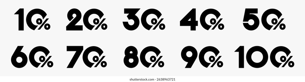set of collection of discount numbers black color, Sale icons or tags with 10, 20, 30, 40, 50, 60, 70, 80, 90 percent discount. Vector illustration.