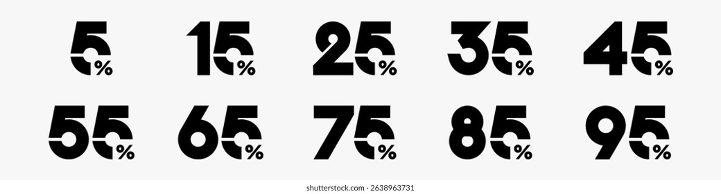 set of collection of discount numbers black color, Sale icons or tags with 10, 20, 30, 40, 50, 60, 70, 80, 90 percent discount. Vector illustration.