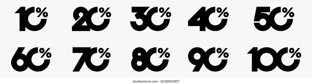 set of collection of discount numbers black color, Sale icons or tags with 10, 20, 30, 40, 50, 60, 70, 80, 90 percent discount. Vector illustration.
