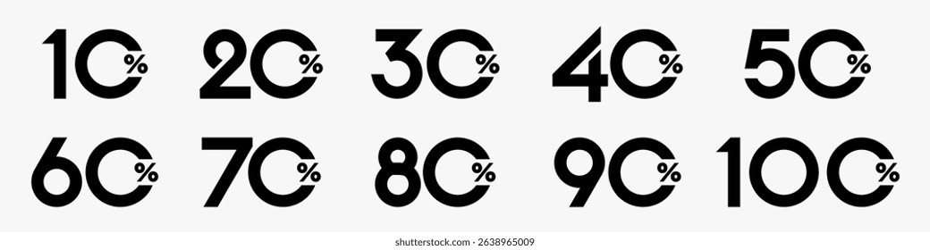 set of collection of discount numbers black color, Sale icons or tags with 10, 20, 30, 40, 50, 60, 70, 80, 90 percent discount. Vector illustration.