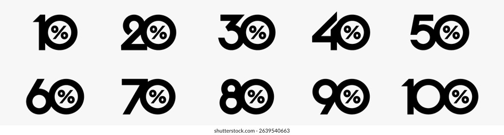set of collection of discount numbers black color, Sale icons or tags with 10, 20, 30, 40, 50, 60, 70, 80, 90 percent discount. Vector illustration.