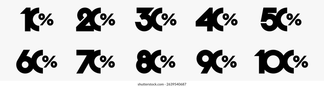 set of collection of discount numbers black color, Sale icons or tags with 10, 20, 30, 40, 50, 60, 70, 80, 90 percent discount. Vector illustration.