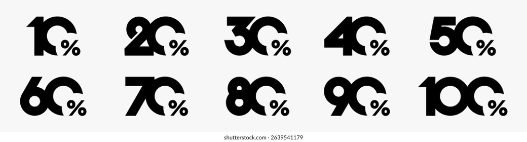 set of collection of discount numbers black color, Sale icons or tags with 10, 20, 30, 40, 50, 60, 70, 80, 90 percent discount. Vector illustration.