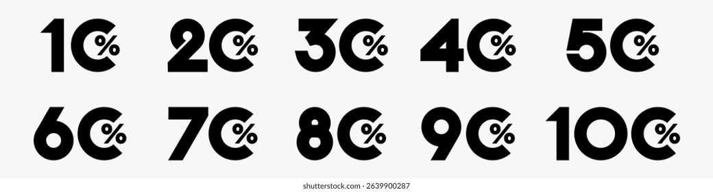 set of collection of discount numbers black color, Sale icons or tags with 10, 20, 30, 40, 50, 60, 70, 80, 90 percent discount. Vector illustration.