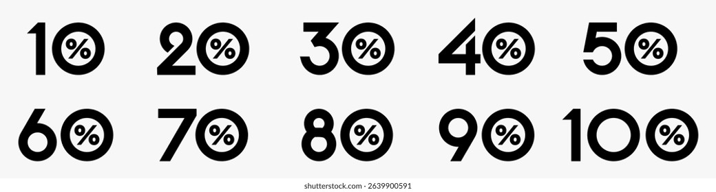 set of collection of discount numbers black color, Sale icons or tags with 10, 20, 30, 40, 50, 60, 70, 80, 90 percent discount. Vector illustration.
