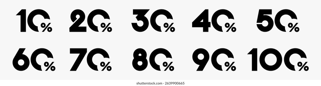 set of collection of discount numbers black color, Sale icons or tags with 10, 20, 30, 40, 50, 60, 70, 80, 90 percent discount. Vector illustration.
