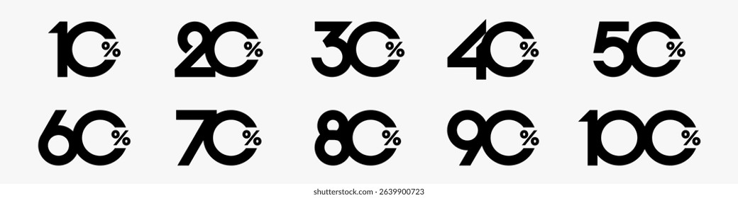set of collection of discount numbers black color, Sale icons or tags with 10, 20, 30, 40, 50, 60, 70, 80, 90 percent discount. Vector illustration.