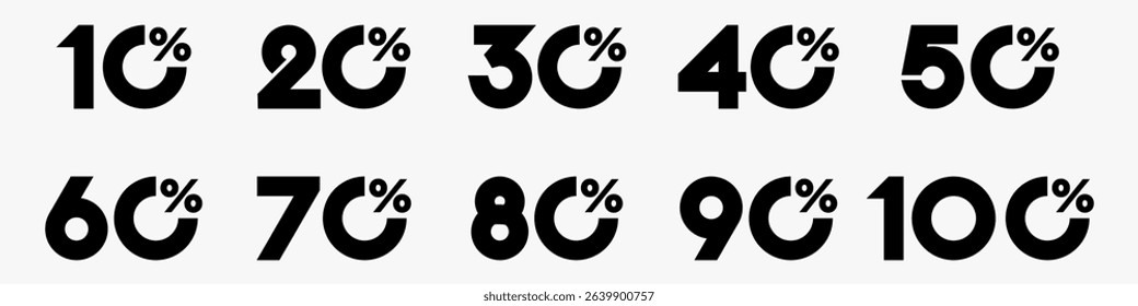 set of collection of discount numbers black color, Sale icons or tags with 10, 20, 30, 40, 50, 60, 70, 80, 90 percent discount. Vector illustration.