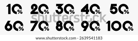 set of collection of discount numbers black color, Sale icons or tags with 10, 20, 30, 40, 50, 60, 70, 80, 90 percent discount. Vector illustration.
