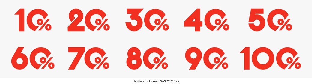 set of collection of discount numbers red color, Sale icons or tags with 10, 20, 30, 40, 50, 60, 70, 80, 90 percent discount. Vector illustration.