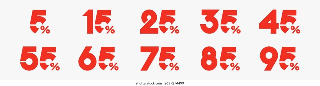 set of collection of discount numbers red color, Sale icons or tags with 10, 20, 30, 40, 50, 60, 70, 80, 90 percent discount. Vector illustration.