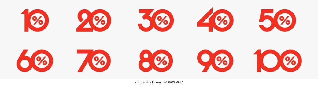 set of collection of discount numbers red color, Sale icons or tags with 10, 20, 30, 40, 50, 60, 70, 80, 90 percent discount. Vector illustration.