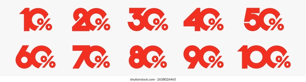 set of collection of discount numbers red color, Sale icons or tags with 10, 20, 30, 40, 50, 60, 70, 80, 90 percent discount. Vector illustration.