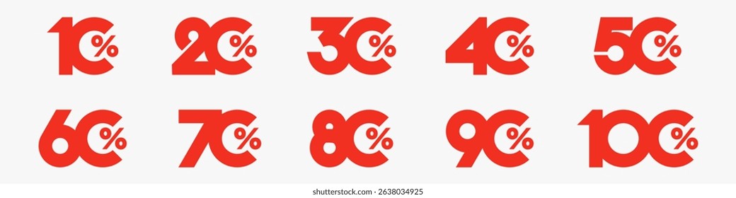 set of collection of discount numbers red color, Sale icons or tags with 10, 20, 30, 40, 50, 60, 70, 80, 90 percent discount. Vector illustration.