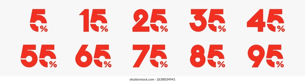 set of collection of discount numbers red color, Sale icons or tags with 10, 20, 30, 40, 50, 60, 70, 80, 90 percent discount. Vector illustration.