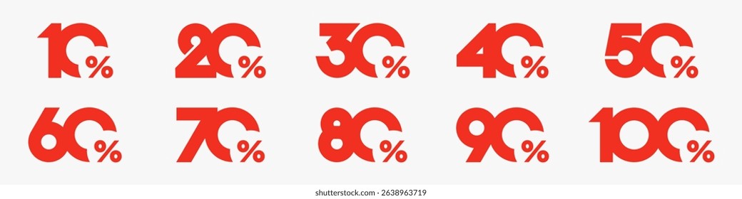 set of collection of discount numbers red color, Sale icons or tags with 10, 20, 30, 40, 50, 60, 70, 80, 90 percent discount. Vector illustration.