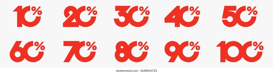 set of collection of discount numbers red color, Sale icons or tags with 10, 20, 30, 40, 50, 60, 70, 80, 90 percent discount. Vector illustration.