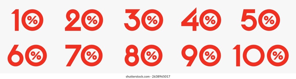 set of collection of discount numbers red color, Sale icons or tags with 10, 20, 30, 40, 50, 60, 70, 80, 90 percent discount. Vector illustration.