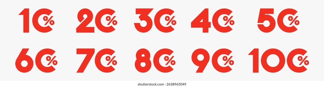 set of collection of discount numbers red color, Sale icons or tags with 10, 20, 30, 40, 50, 60, 70, 80, 90 percent discount. Vector illustration.