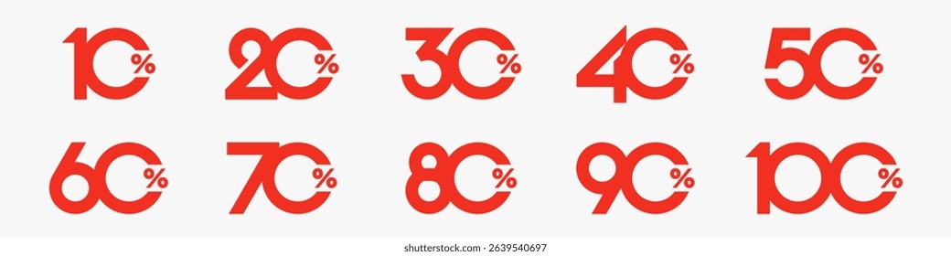 set of collection of discount numbers red color, Sale icons or tags with 10, 20, 30, 40, 50, 60, 70, 80, 90 percent discount. Vector illustration.