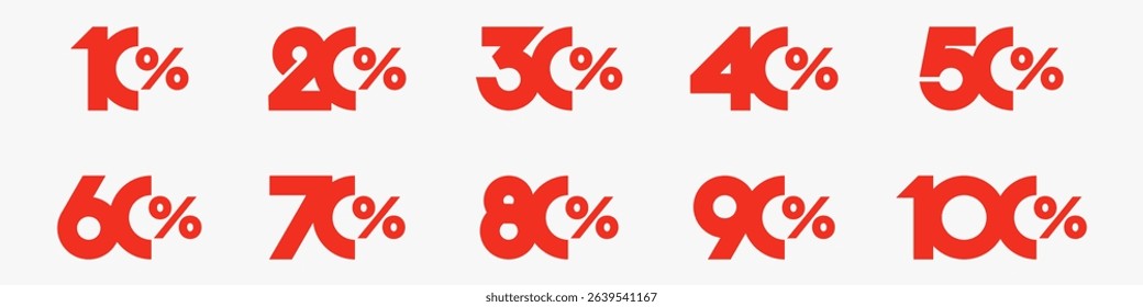 set of collection of discount numbers red color, Sale icons or tags with 10, 20, 30, 40, 50, 60, 70, 80, 90 percent discount. Vector illustration.