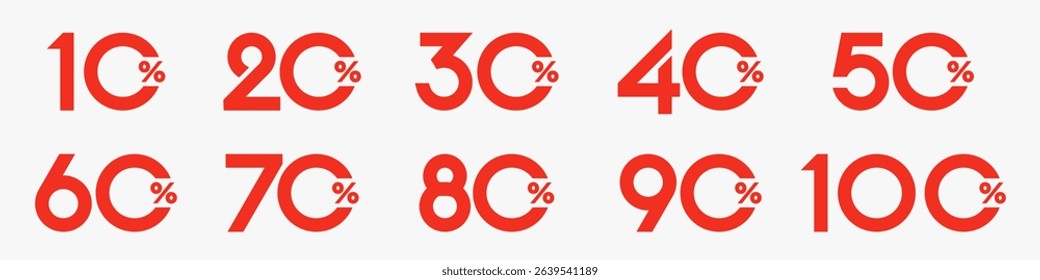 set of collection of discount numbers red color, Sale icons or tags with 10, 20, 30, 40, 50, 60, 70, 80, 90 percent discount. Vector illustration.