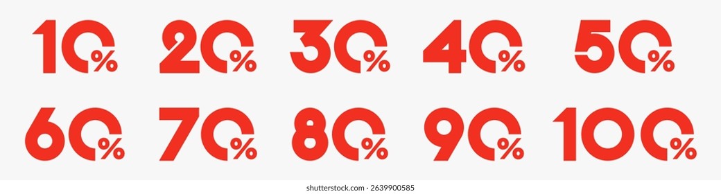 set of collection of discount numbers red color, Sale icons or tags with 10, 20, 30, 40, 50, 60, 70, 80, 90 percent discount. Vector illustration.