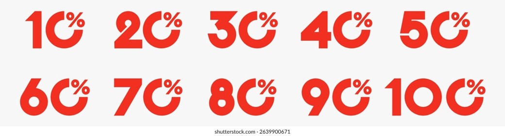 set of collection of discount numbers red color, Sale icons or tags with 10, 20, 30, 40, 50, 60, 70, 80, 90 percent discount. Vector illustration.