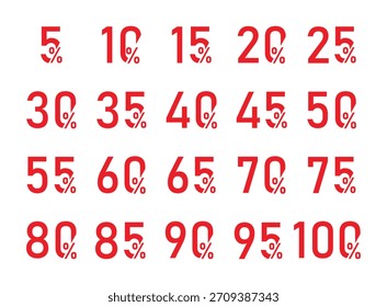 Conjunto de colección de números de descuento color rojo, iconos de venta o tags con 10, 20, 30, 40, 50, 60, 70, 80, 90 por ciento de descuento. Ilustración vectorial aislada sobre fondo blanco