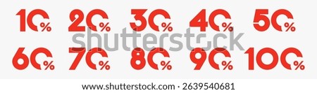 set of collection of discount numbers red color, Sale icons or tags with 10, 20, 30, 40, 50, 60, 70, 80, 90 percent discount. Vector illustration.