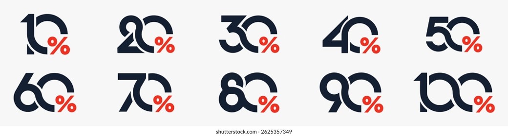 conjunto de coleção de números de desconto, Ícones de venda ou etiquetas com 10, 20, 30, 40, 50, 60, 70, 80, 90 por cento de desconto. Ilustração vetorial.