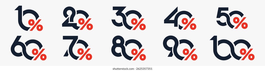 conjunto de coleção de números de desconto, Ícones de venda ou etiquetas com 10, 20, 30, 40, 50, 60, 70, 80, 90 por cento de desconto. Ilustração vetorial.
